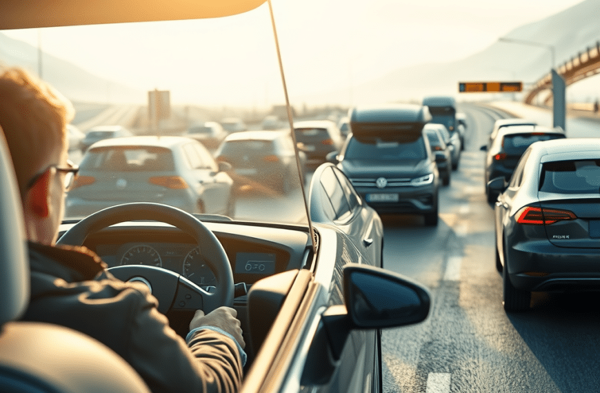 In the foreground, depict a frustrated German driver in a gas guzzler stuck in traffic, surrounded by diesel cars, signifying the stagnation of fossil fuel reliance. In the background, showcase a smooth, fast-moving lane filled with futuristic electric vehicles in Norway, highlighting their efficient charging infrastructure. The scene should be illuminated with bright, optimistic light over Norway and darker tones over Germany, emphasizing the innovative future versus the frustrating present. Ensure sharp focus on both scenes to convey the urgent narrative of this blog post.