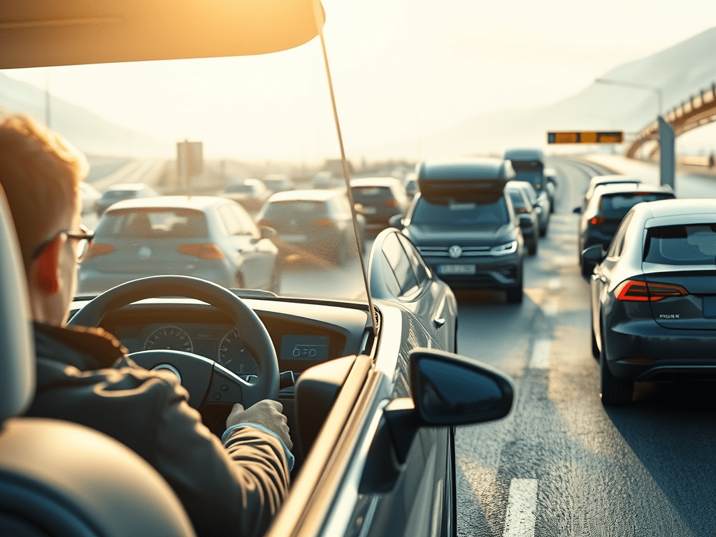 In the foreground, depict a frustrated German driver in a gas guzzler stuck in traffic, surrounded by diesel cars, signifying the stagnation of fossil fuel reliance. In the background, showcase a smooth, fast-moving lane filled with futuristic electric vehicles in Norway, highlighting their efficient charging infrastructure. The scene should be illuminated with bright, optimistic light over Norway and darker tones over Germany, emphasizing the innovative future versus the frustrating present. Ensure sharp focus on both scenes to convey the urgent narrative of this blog post.