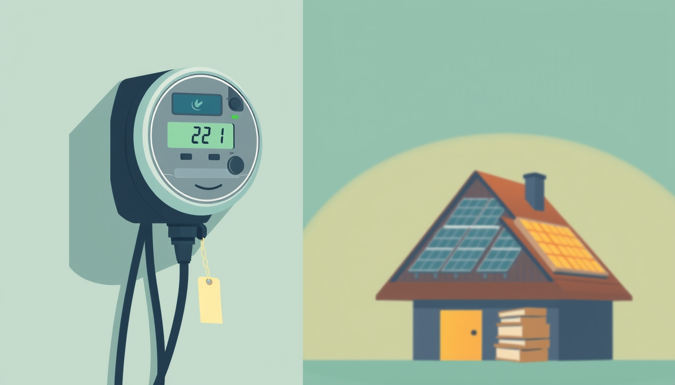 Stilisierte Illustration: ein digitaler Stromzaehler, dessen Datenkabel in einem Stapel Aktenordner endet statt im Netz; im Hintergrund ein Haus mit Photovoltaik.